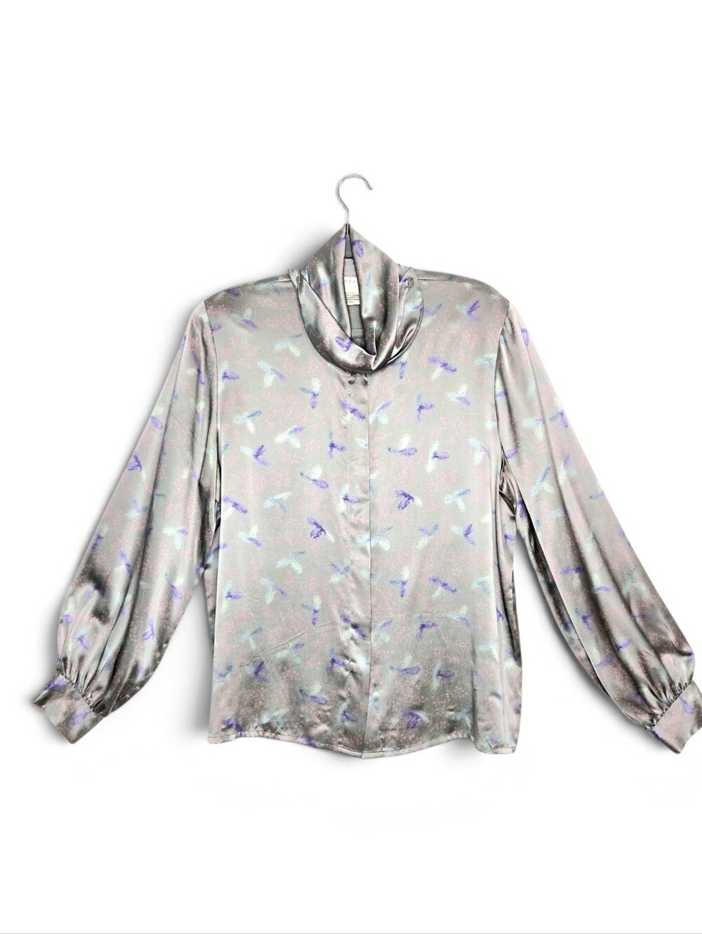 Doncaster, Long Sleeve, Silk Blouse. Gray, Size 12.